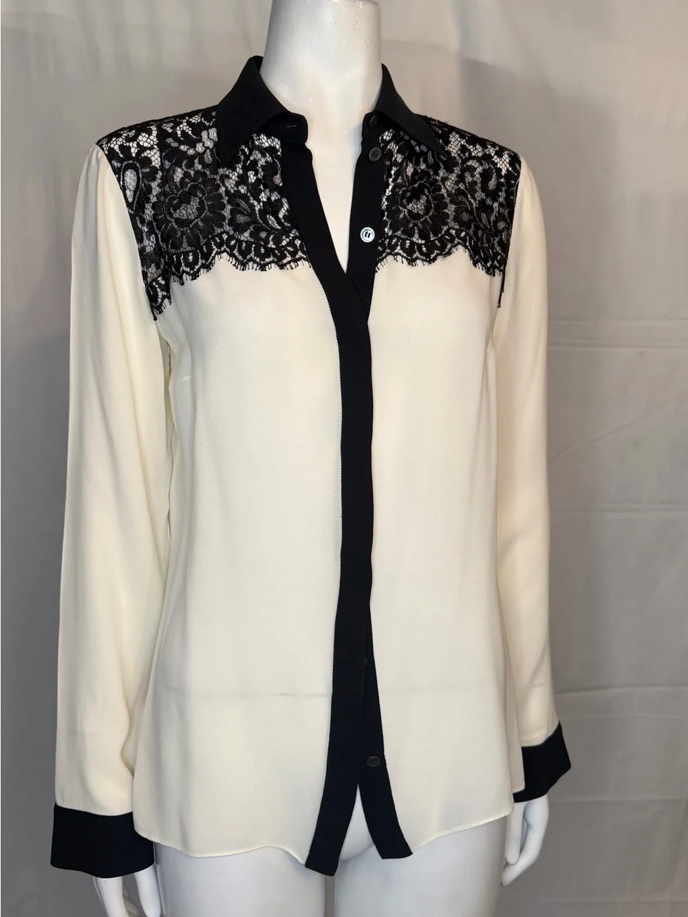 Michael Kors Cream Blouse with Black Lace Yoke